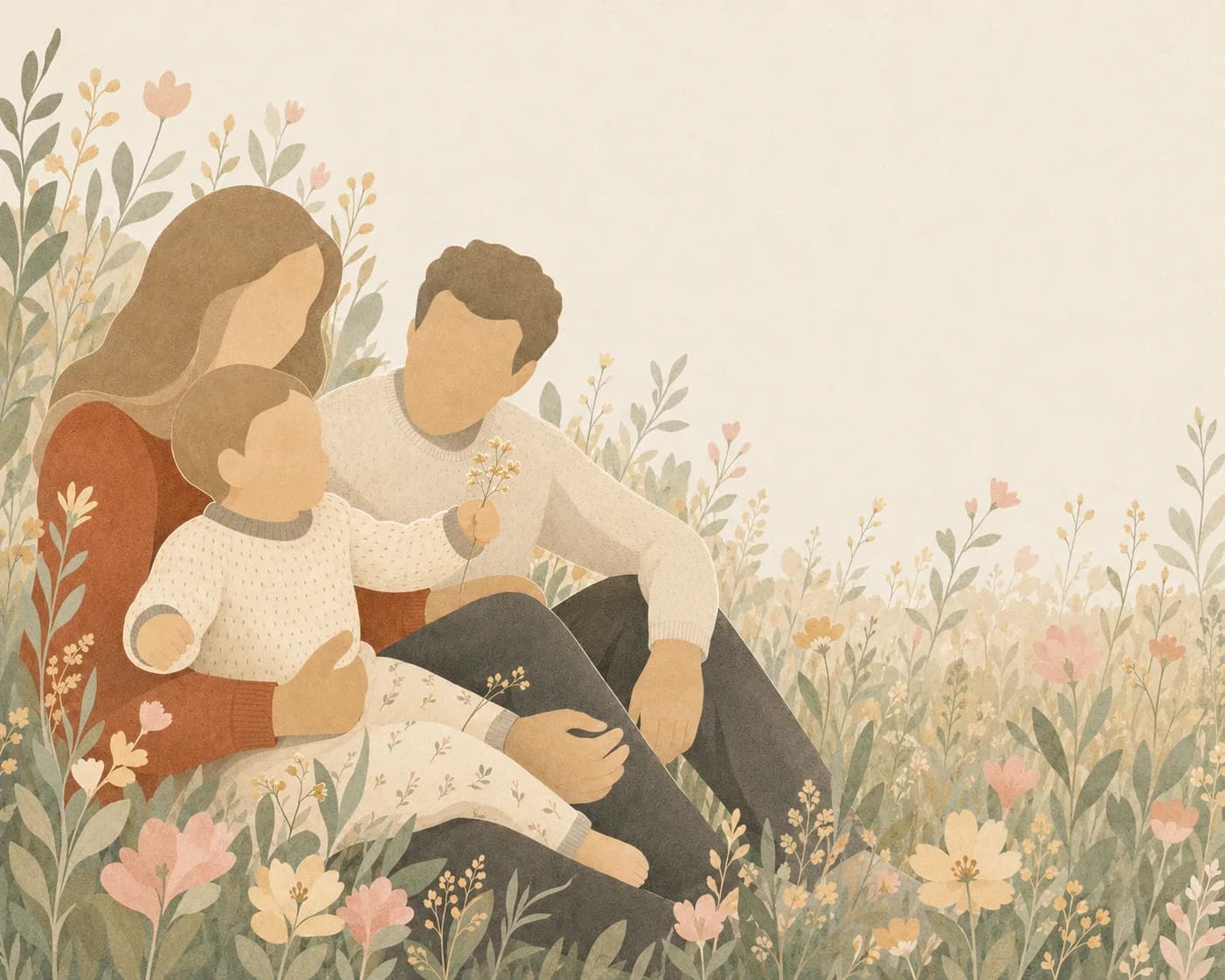Illustrasjon av familien bak Miniskatten — mor, far og barn i en blomstereng